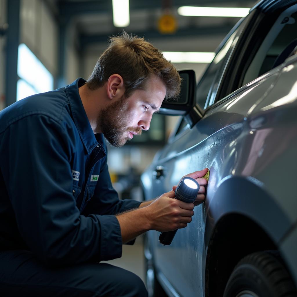 Mechanic assessing car body damage in Leicester