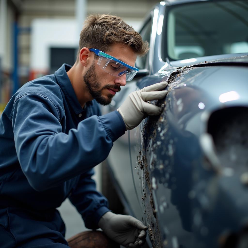 Experienced car body repair technician in Morecambe inspecting a vehicle