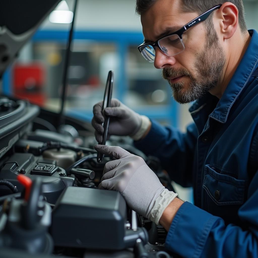 Skilled technician performing car body repair in Neston