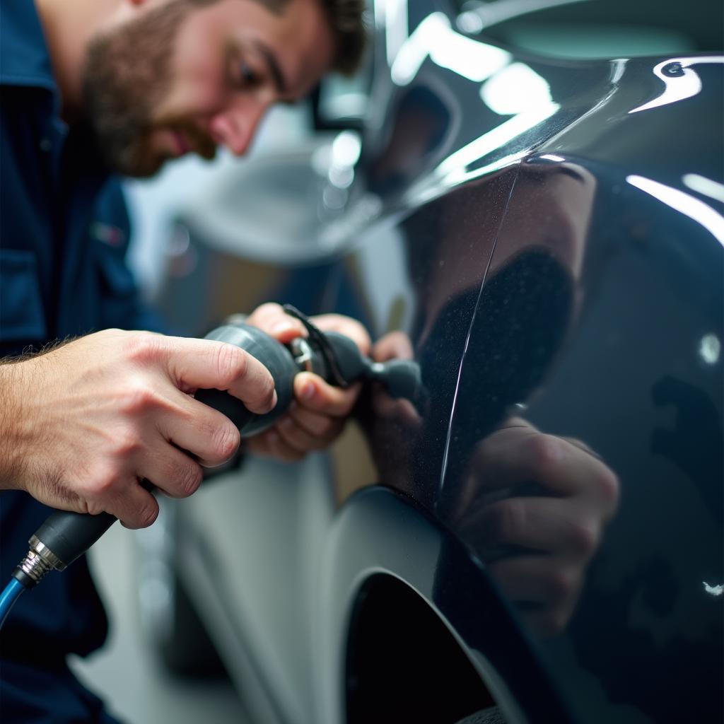 Skilled technician performing dent removal on a car in Newmarket