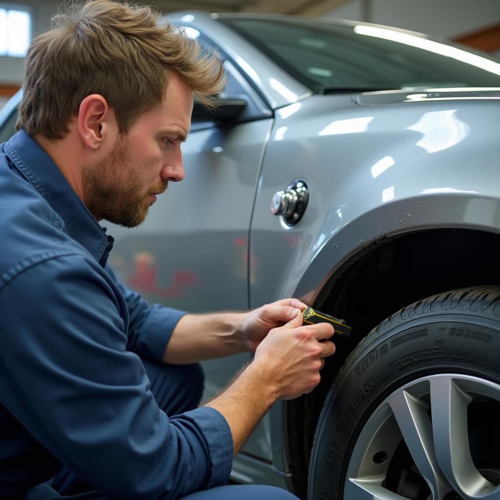 Car body repair professional assessing damage in Northampton