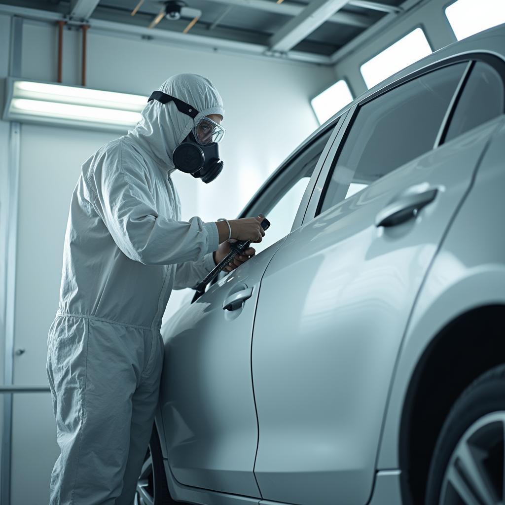 A car body repair painter meticulously applies a layer of clear coat to a car