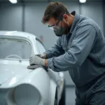 A car body repair painter meticulously works on restoring a damaged car panel