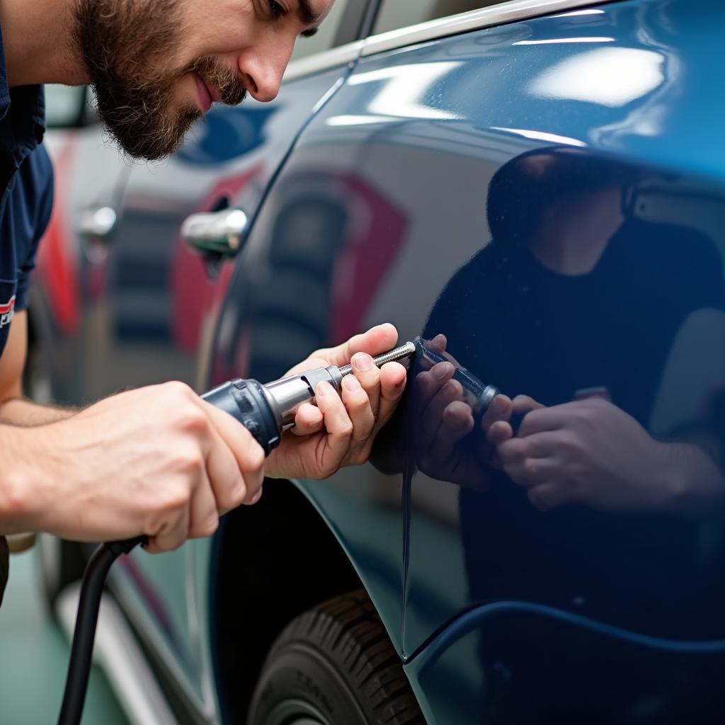 Car body repair in Porthmadog, focusing on dent removal process.