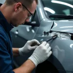 Detailed view of a car body repair process