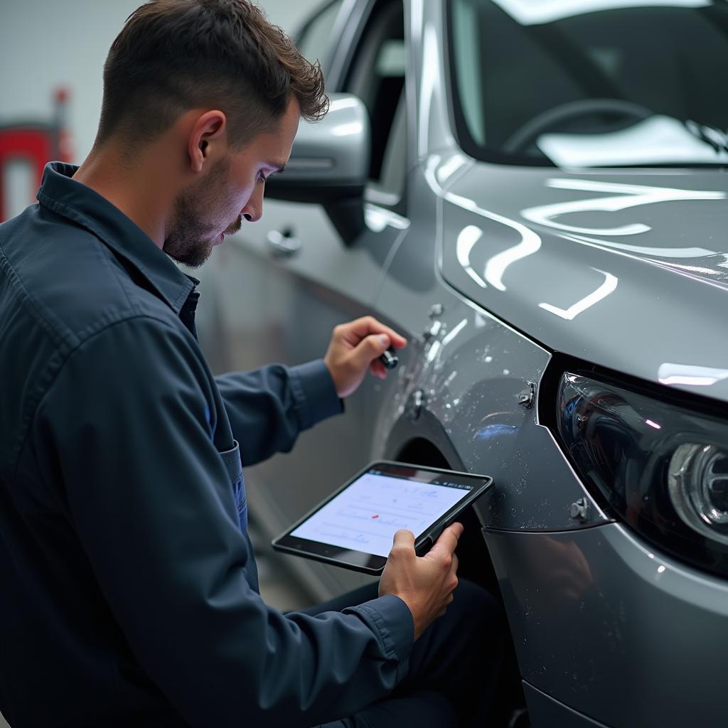 Skilled technician inspecting car damage for repair estimate.