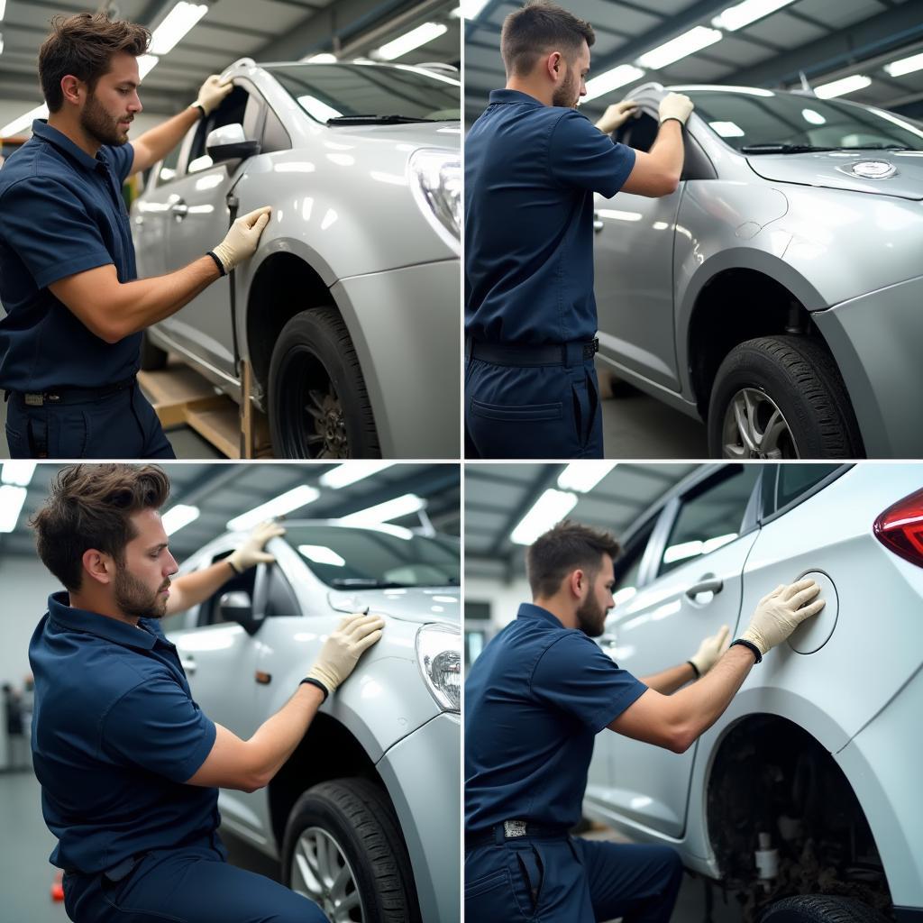 Skilled technicians repairing a car body in Derbyshire