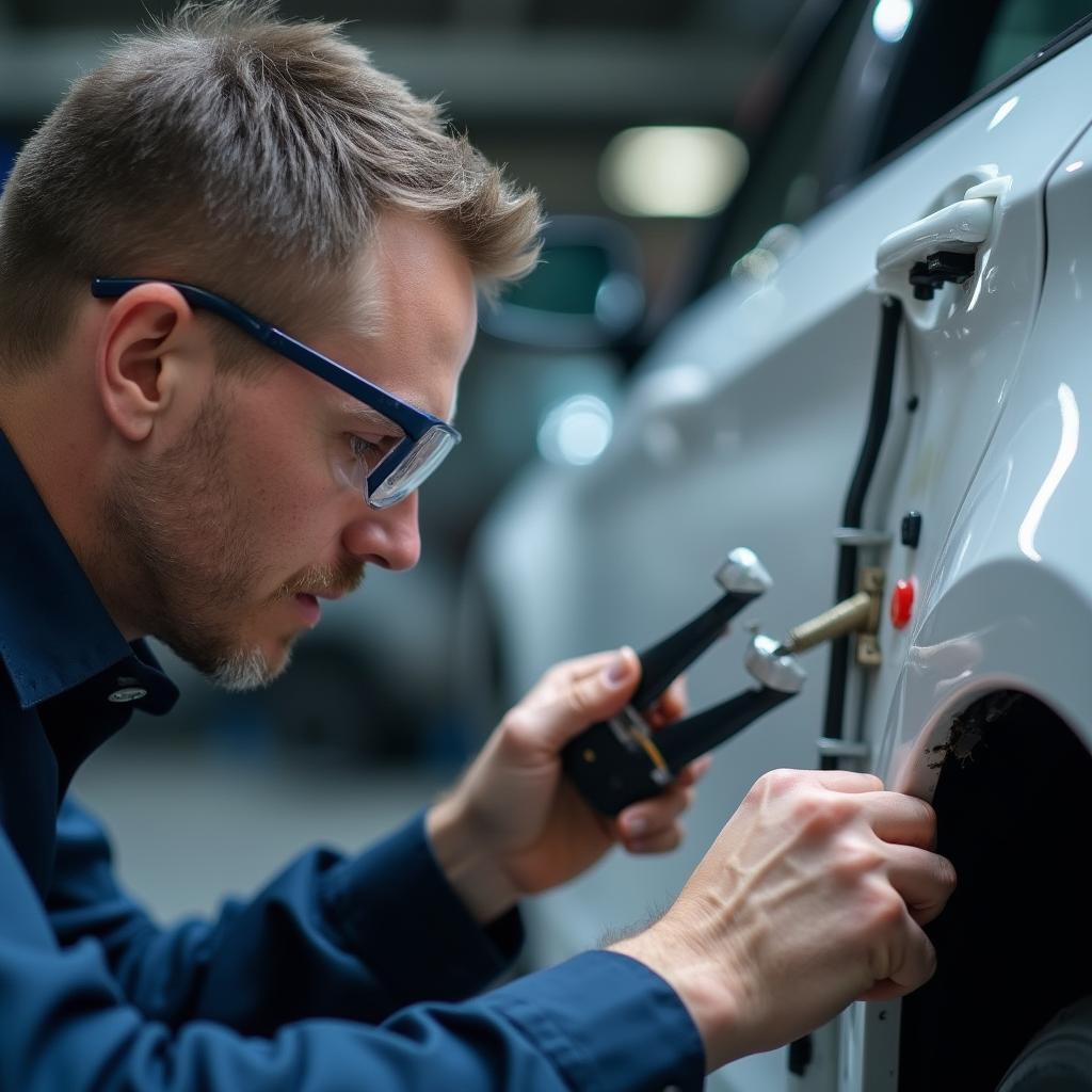 Technician assessing car body damage in Goudhurst