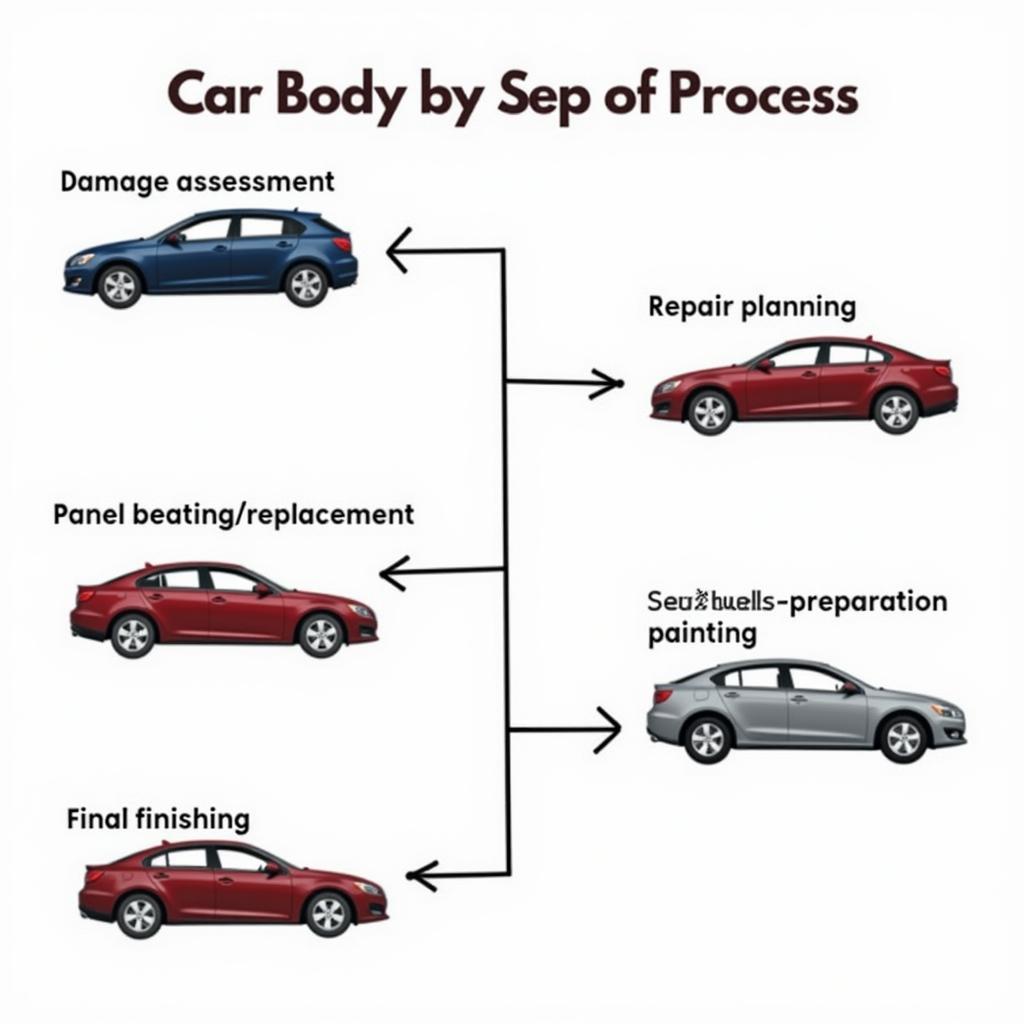 Stages of car body repair process, from damage assessment to final finishing.