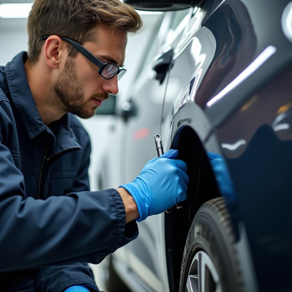 Car body repair professional in the UK inspecting a vehicle