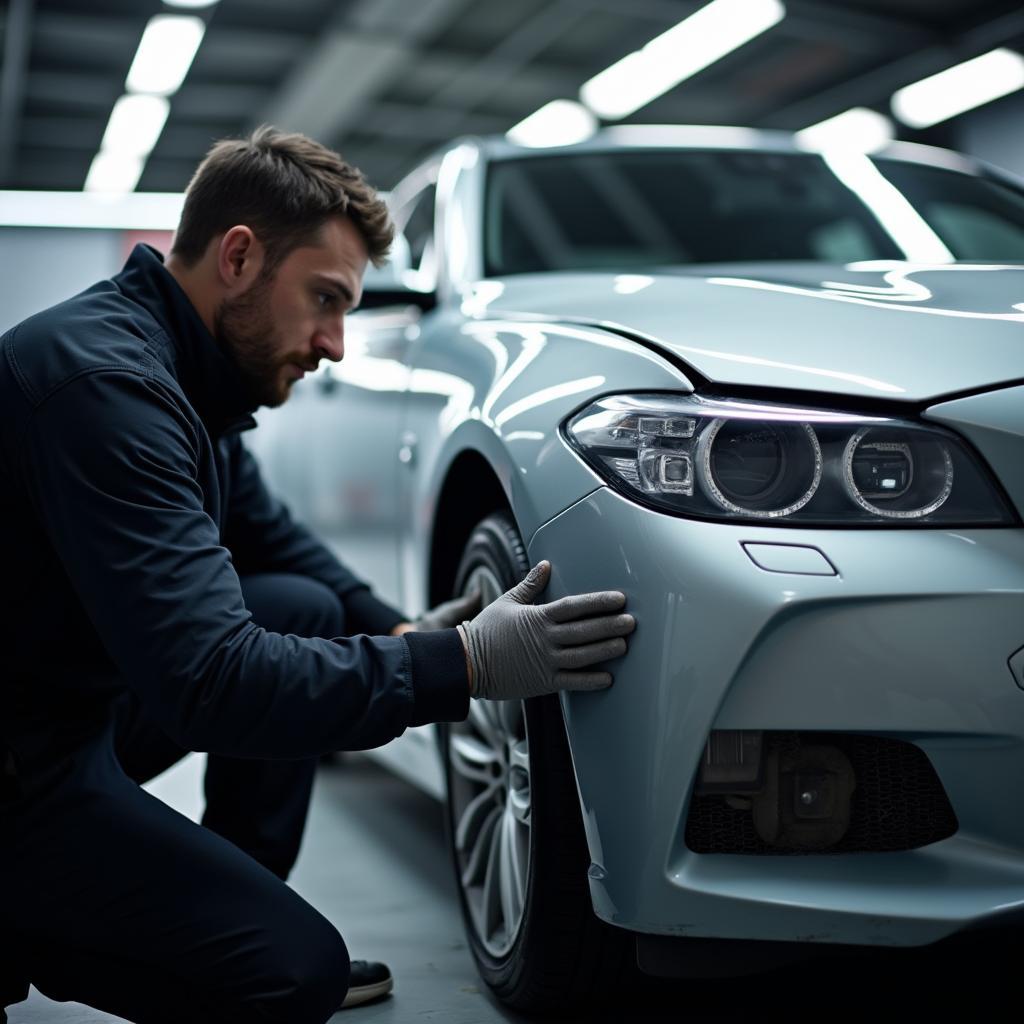 Final quality control check at a car body repair shop in Newtownabbey