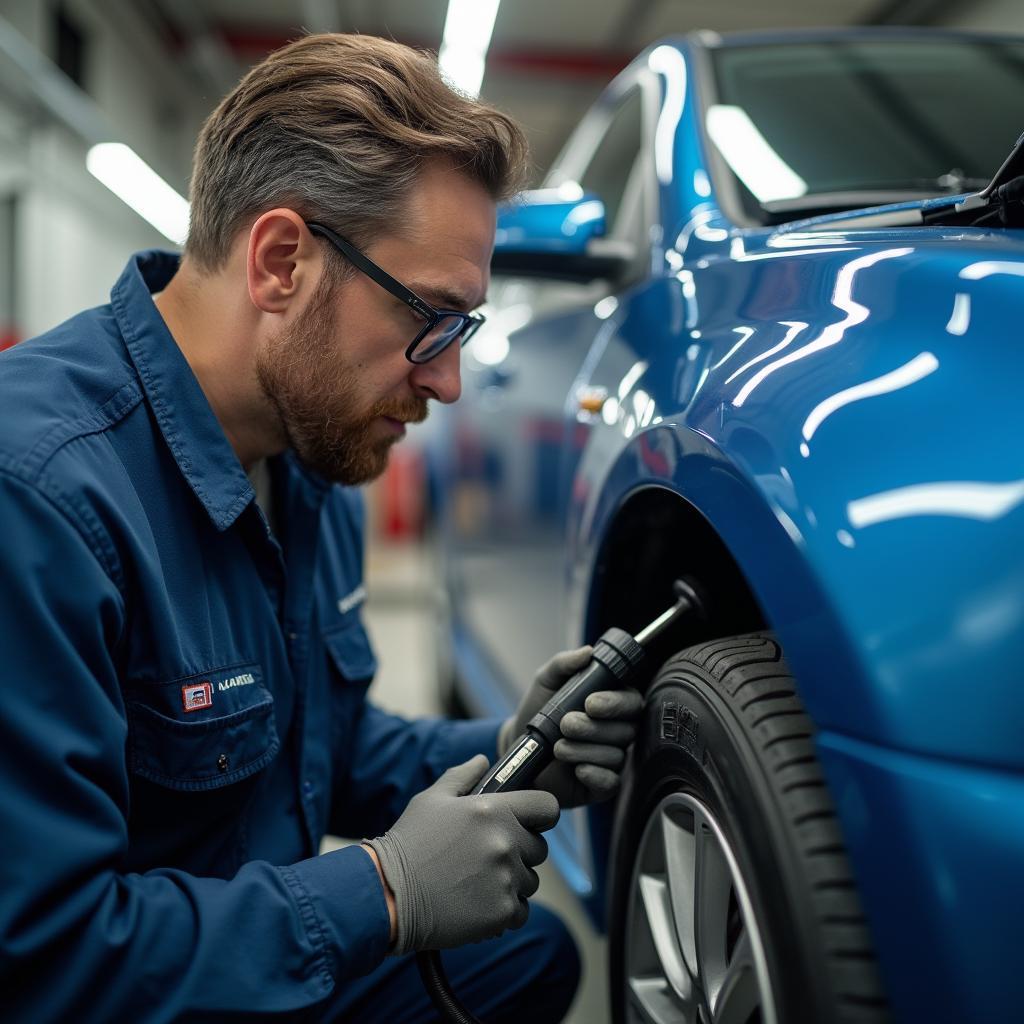 Car body repair technician working in Rampside