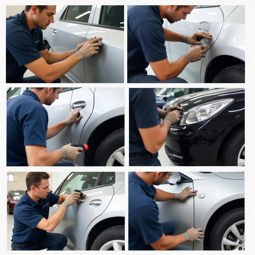 Various car body repair services being performed