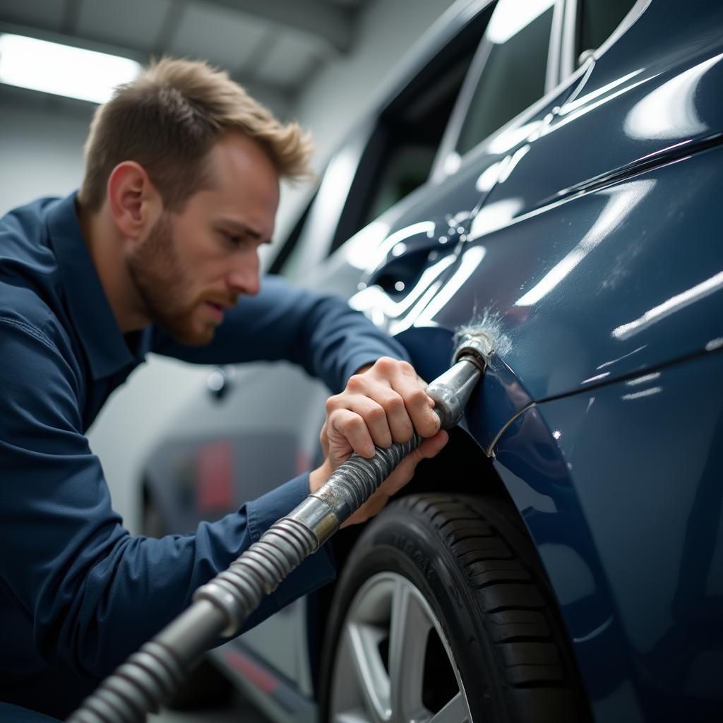 A technician using a specialized tool for car body repair