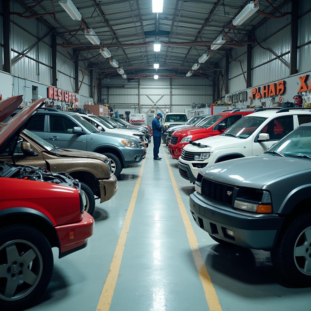 Busy car body repair shop with multiple vehicles