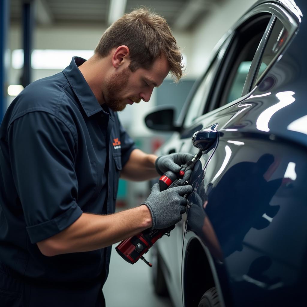 Car body repair shop in Barnsley, interior, dent repair in progress