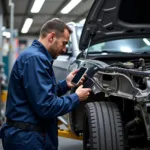 Car body repair shop in Bootle: A technician inspects a vehicle for damage.