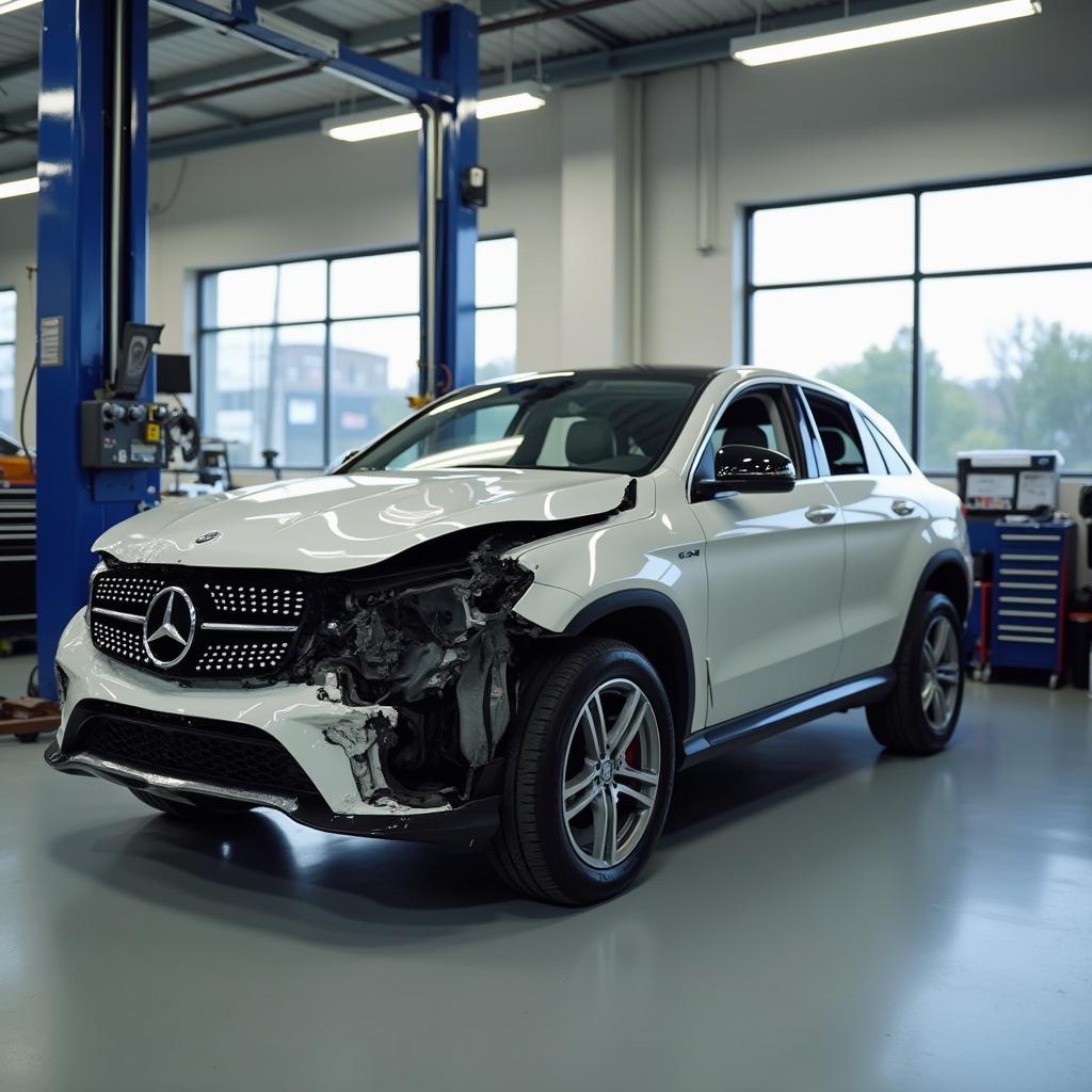 Car body repair shop in Bordon with a damaged car inside