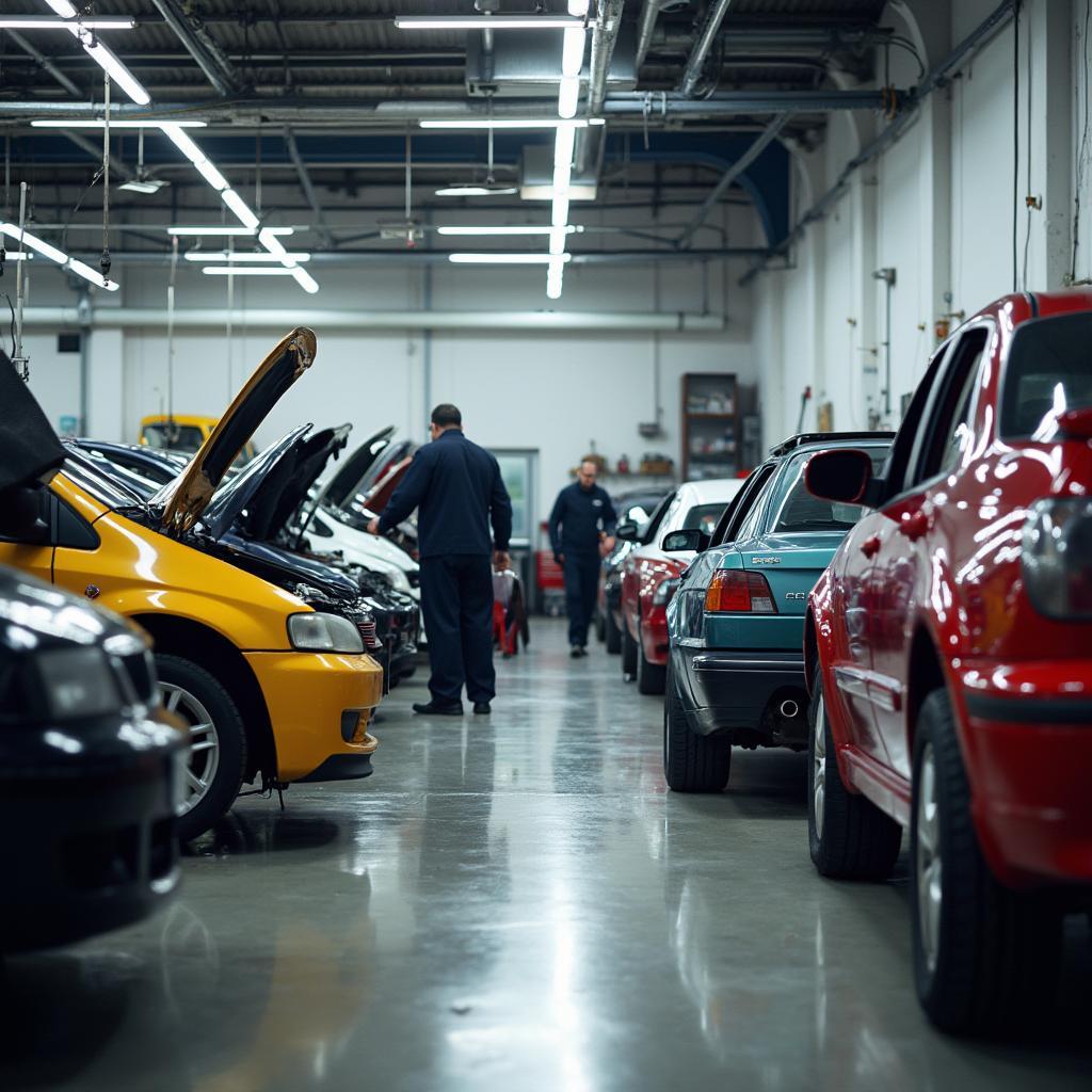 Car body repair shop in Colchester with mechanics working