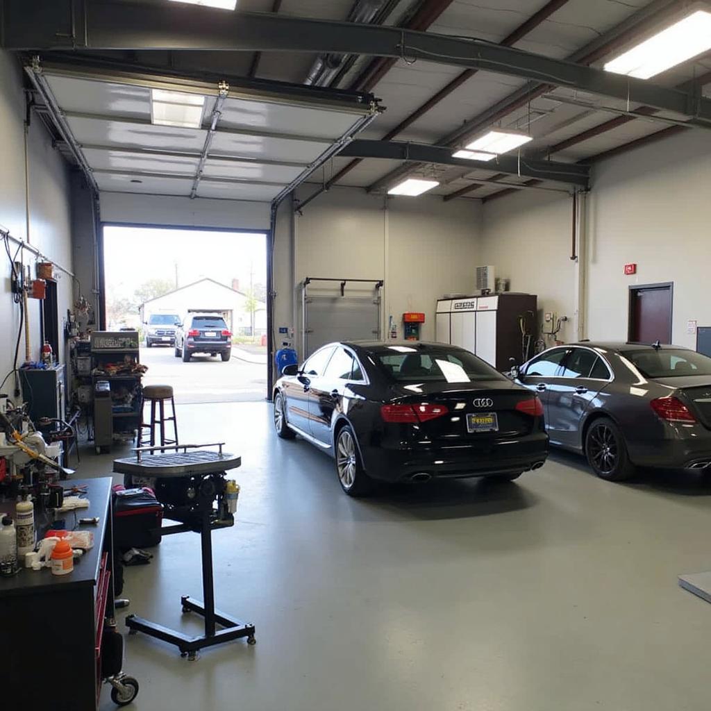 Interior view of a modern car body repair shop in Dundee