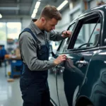 Car body repair shop in Horsforth with a technician examining a damaged car