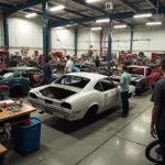 Car body repair shop in Croydon with students working on a vehicle