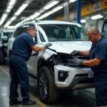 Car body repair shop in Oswestry with mechanics working on a damaged vehicle