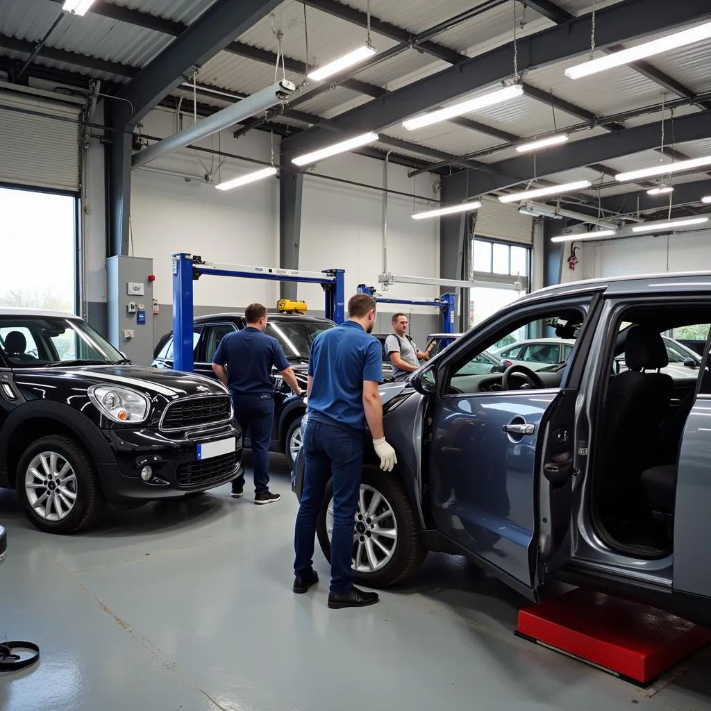 Car Body Repair Shop with Technicians Working