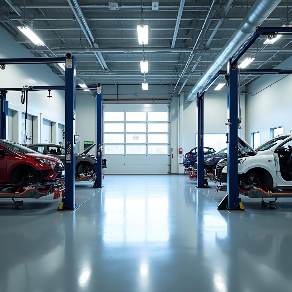 State-of-the-art equipment in a well-lit car body repair shop