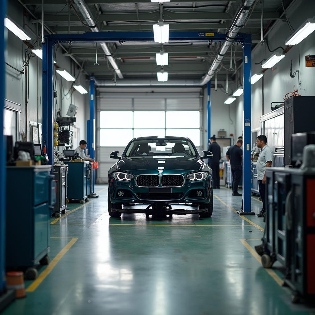 Car Body Repair Shop Interior with Car on Lift