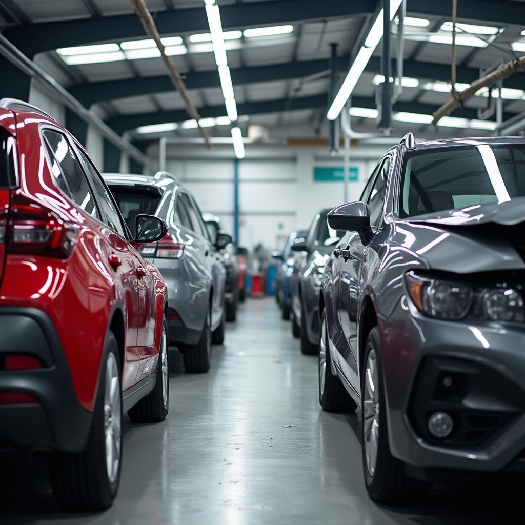 Car body repair shop in Leicester with various cars being worked on