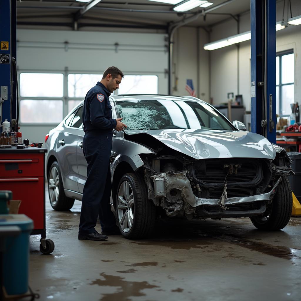 Leominster car body repair shop with a damaged vehicle being assessed by a technician