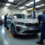 Car body repair shop in Middlesbrough with technicians working