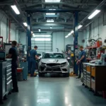 Car body repair shop in Roosebeck with a damaged car on a lift