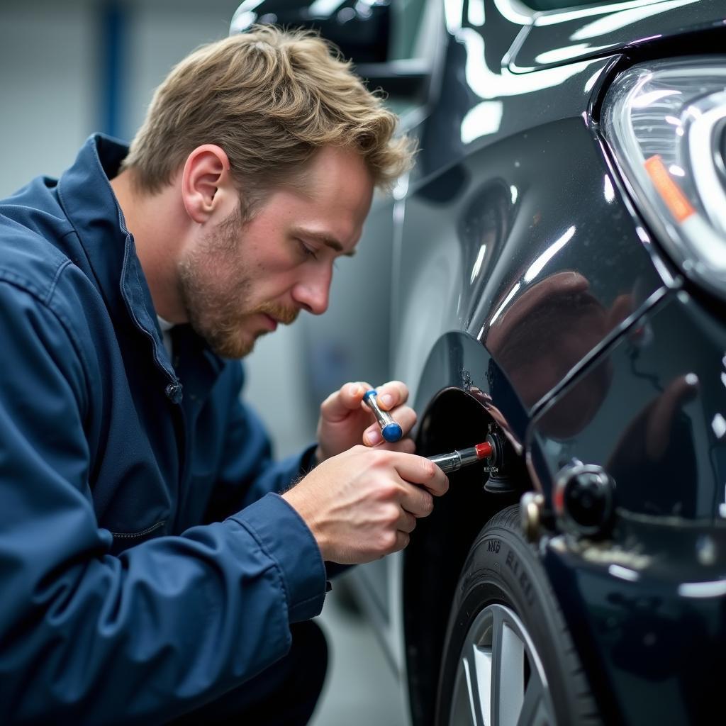 Experienced Car Body Repair Technician in Scarborough Inspecting Vehicle Damage