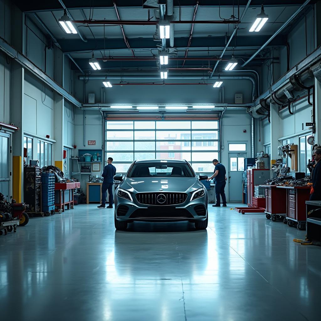 Car body repair shop in Sittingbourne with a damaged car inside