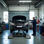 Car body repair shop in South Shields with a car on a lift