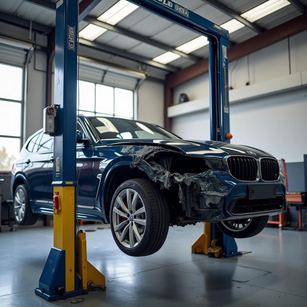 Car body repair shop in Stirling with a damaged car on a lift