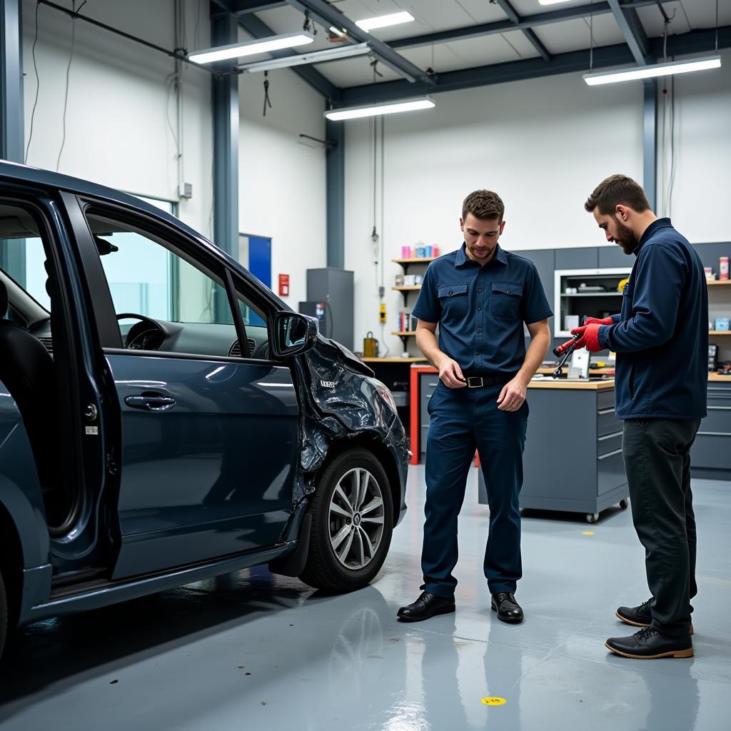 Car body repair shop in Strood, Kent with technicians working on a damaged vehicle.