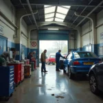 Car body repair shop in Walsall with a damaged car inside