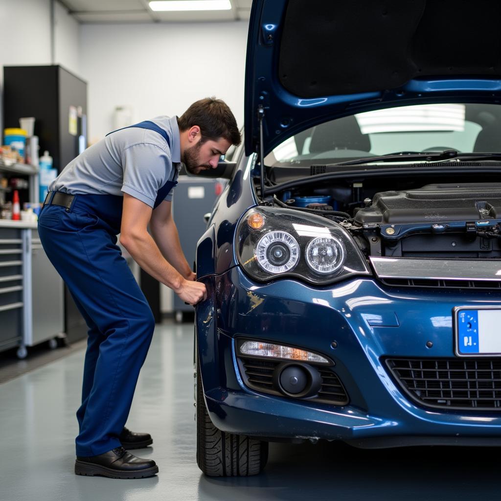 Car body repair shop in Welling, Kent showing a technician working on a damaged vehicle