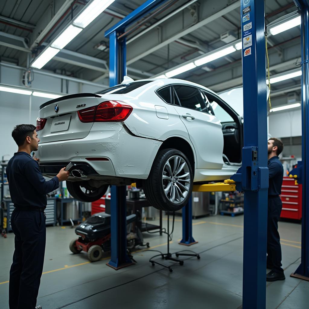 Car undergoing bodywork repairs in a professional shop