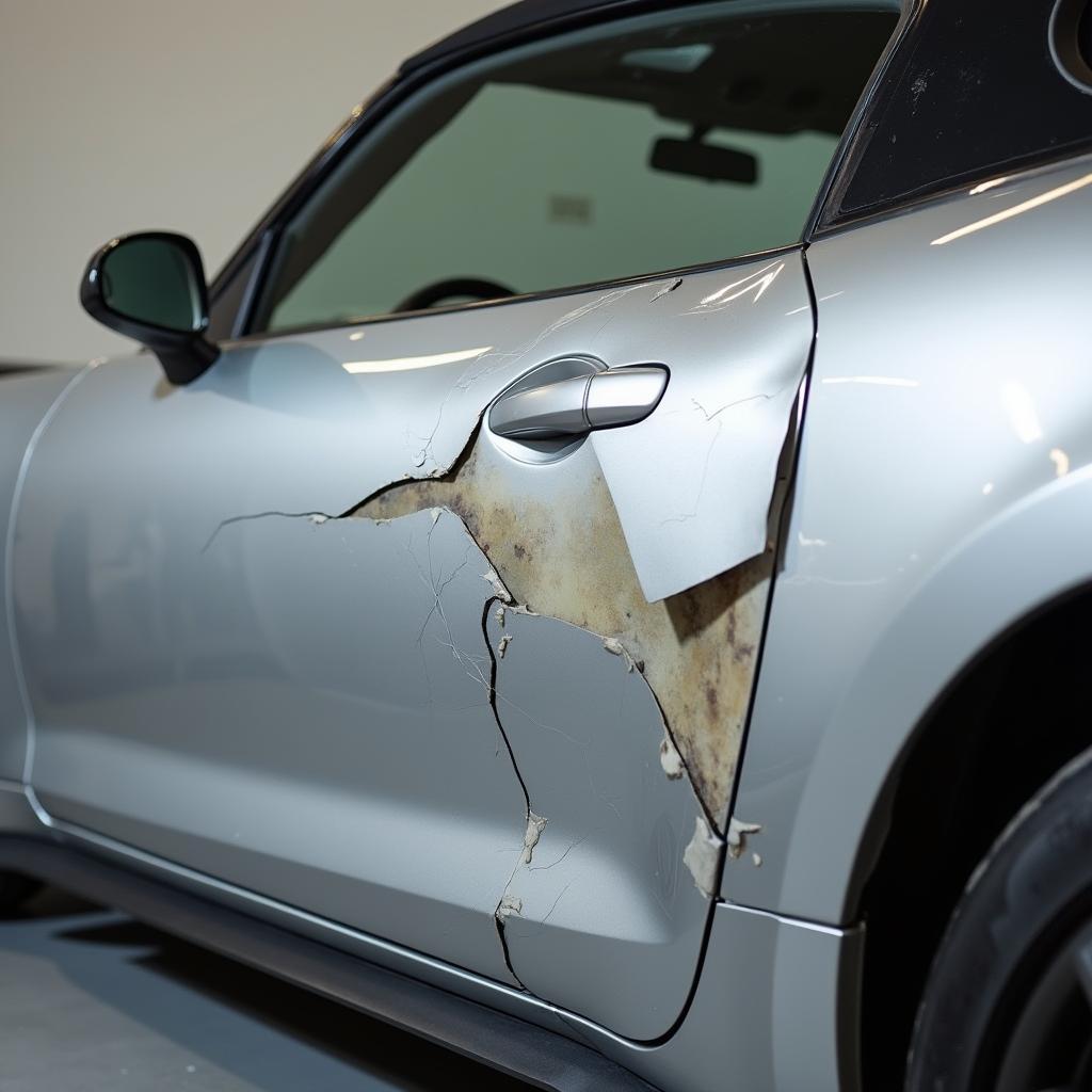 Car body with visible damage requiring steel sheet repair