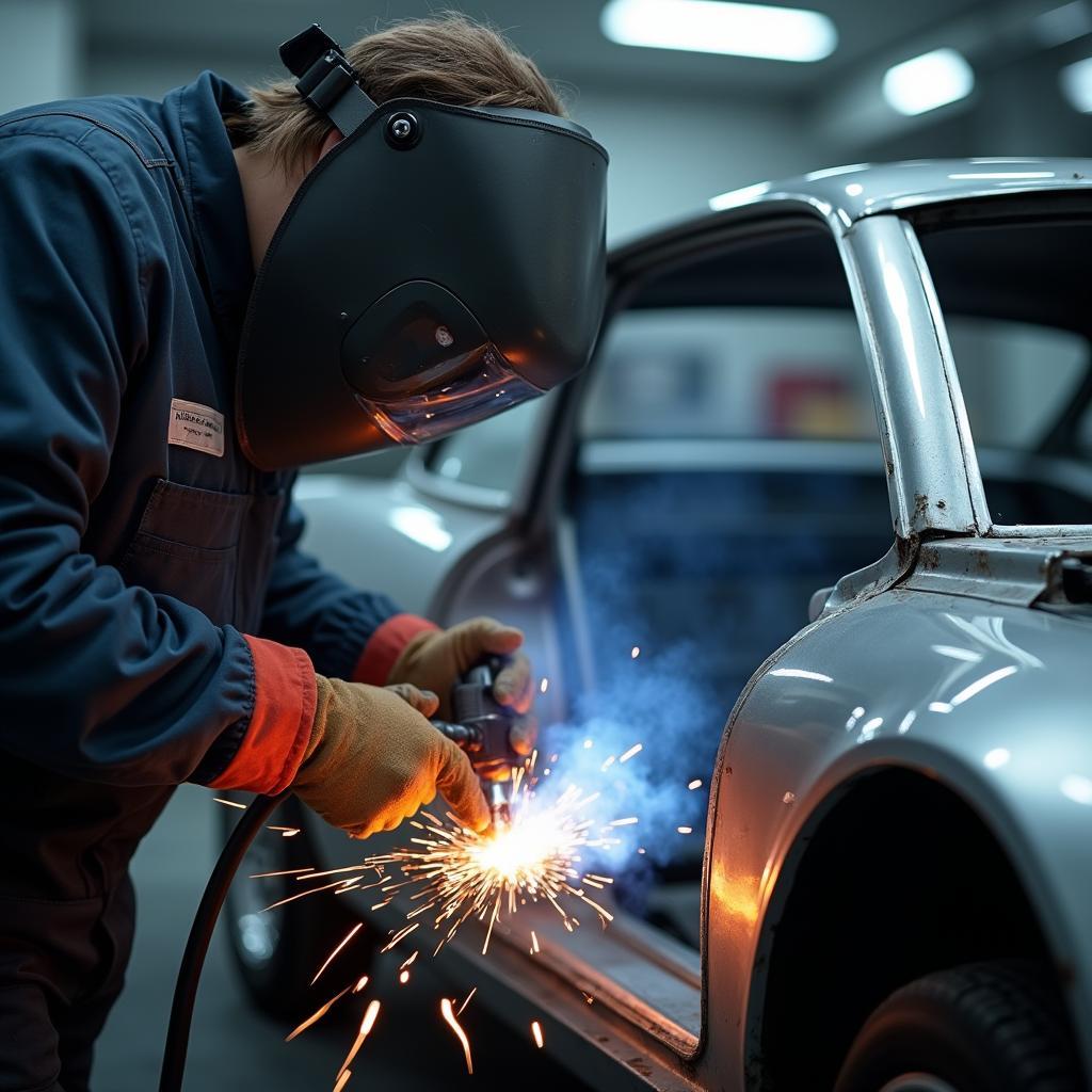 A technician performing car body repair steel sheet welding