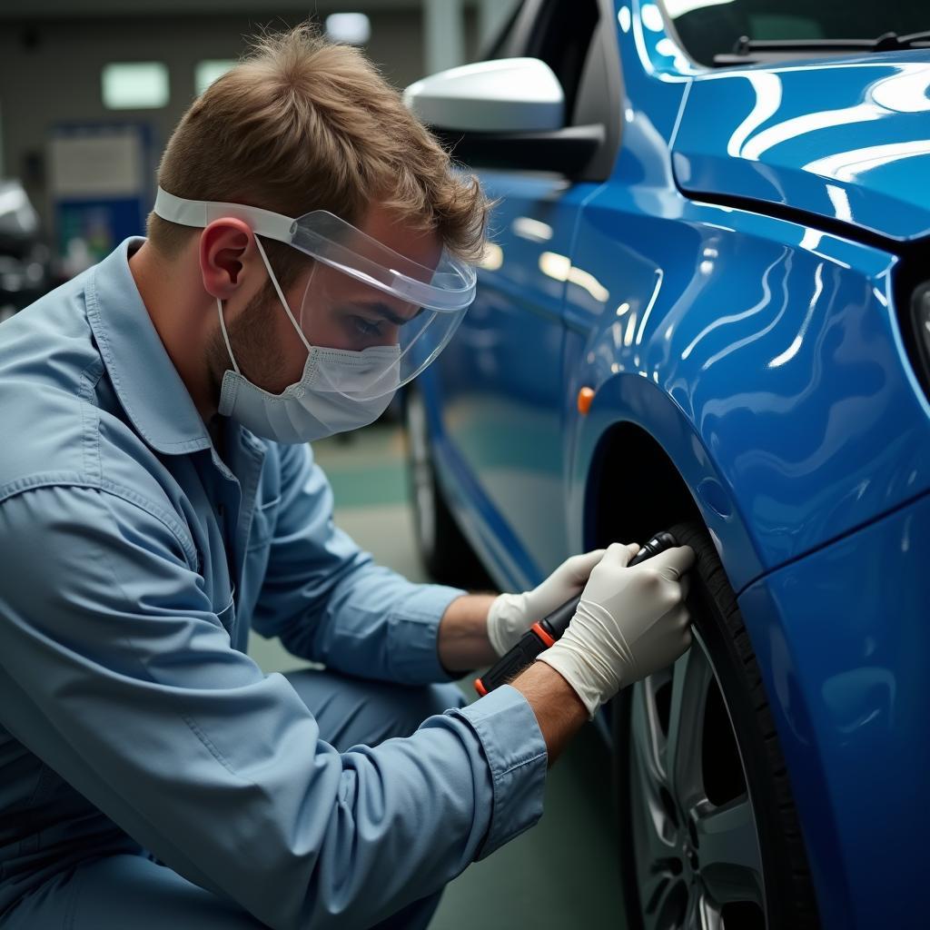 Skilled technician conducting car body repair