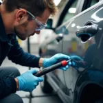 Car body repair technician working on a damaged vehicle.