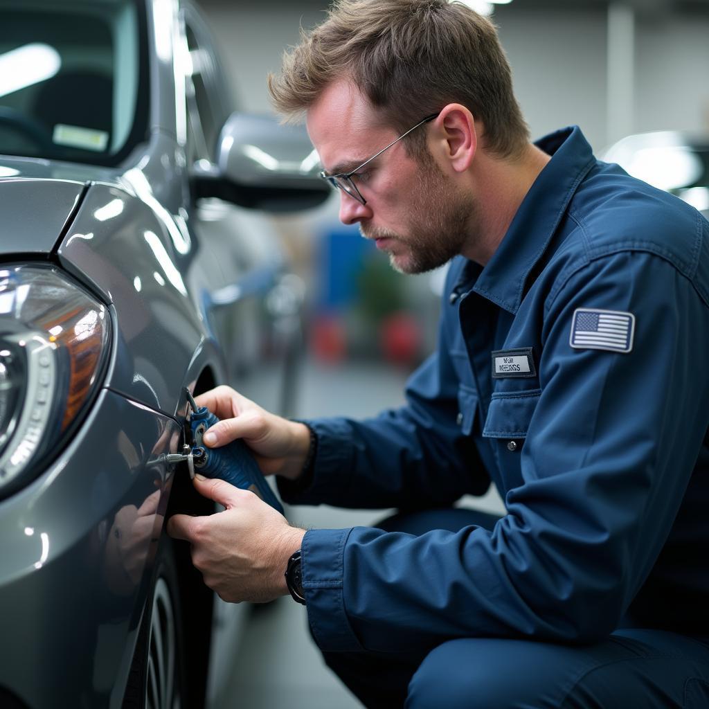 Skilled technician meticulously inspecting car damage