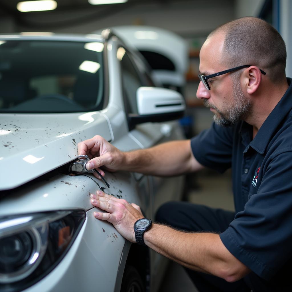 Experienced car body repair technician assessing damage on Sulgrave Road