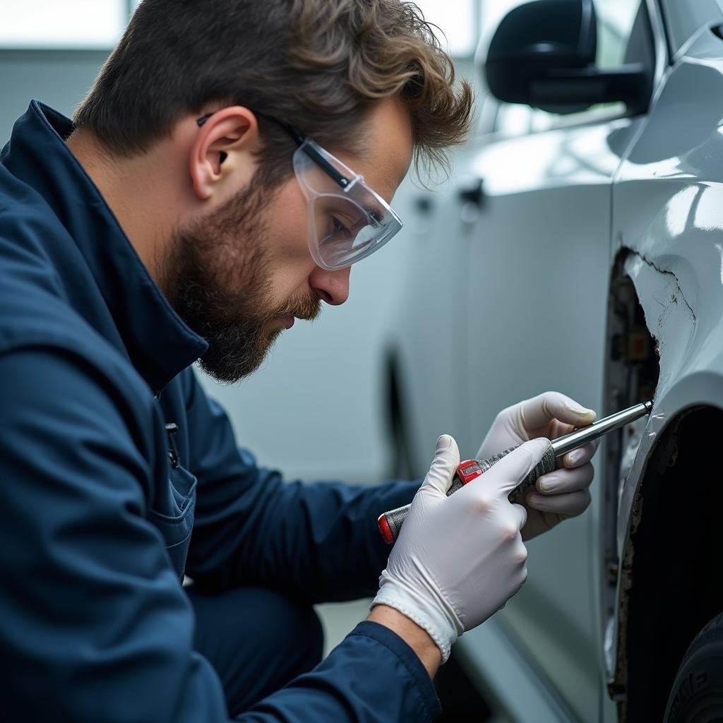 Technician assessing car damage