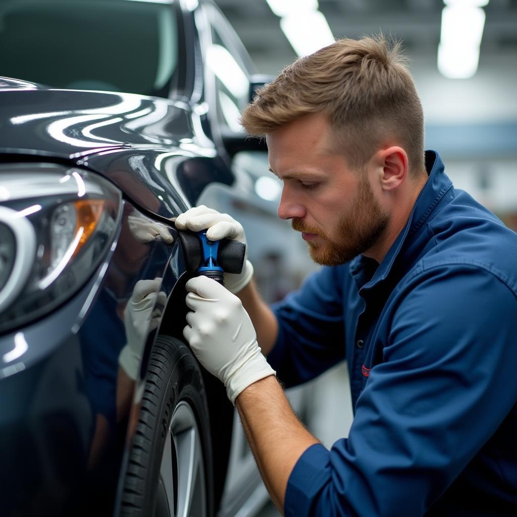 A skilled technician in Oswestry meticulously assessing damage on a car before starting the repair process